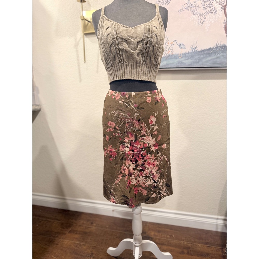 Ann Taylor Loft‎ Petites Wool Silk Floral Pencil Skirt Olive Pink Brown Size 2P